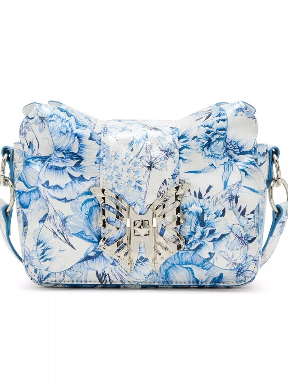 Betsey Johnson Flights of Fancy Blue & White Butterfly Ruffle Cross Body Bag